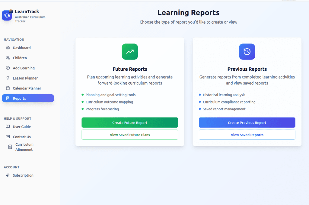 Reports page showing Future Reports and Previous Reports options